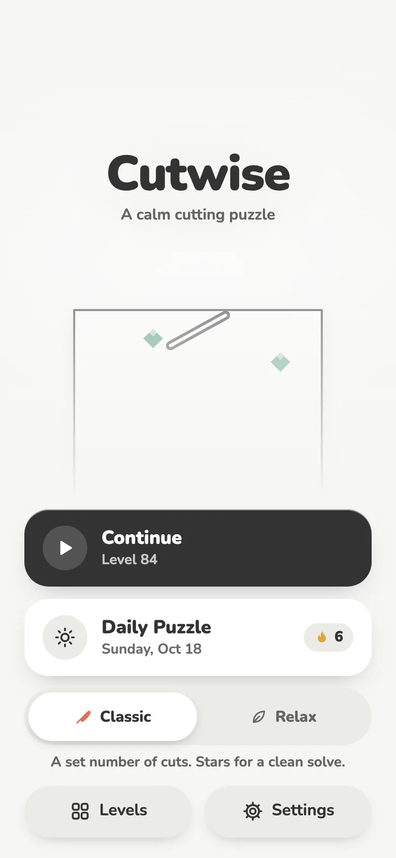 The home screen: Continue, Daily Puzzle with a streak, Classic and Relax modes.