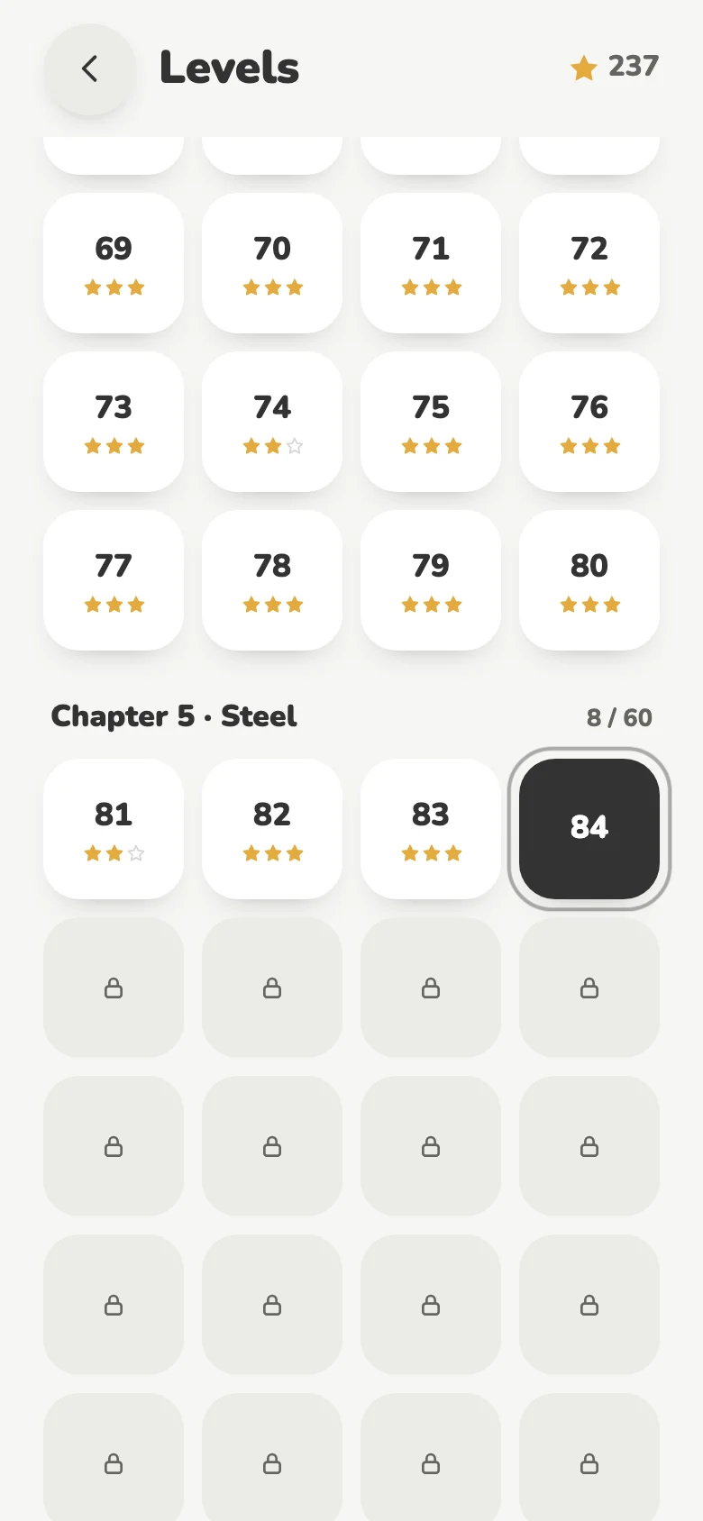 The level map: chapters of twenty levels with stars.